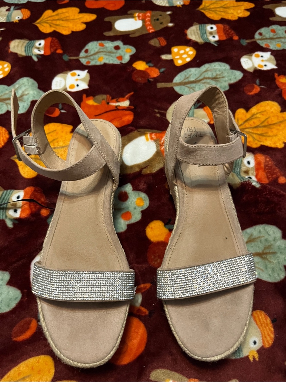 Time and Tru Beige Rhinestone Ankle-Strap Platform Sandals